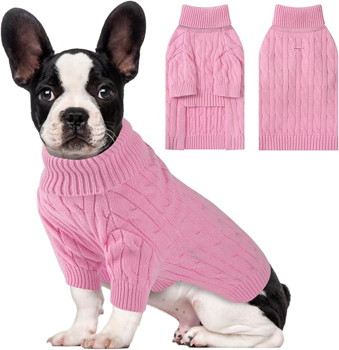 Small Dog Thermal Pullover Sweater, Classic Turtleneck Cable Knitwear Dog Clothes for Cold Weather Warm Pet Clothes for Chihuahua, Bulldog, Dachshund, Pug Pink Medium