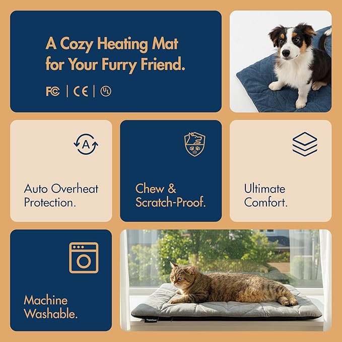 Dog Heating Pad (31"x20") - Waterproof Electric Heated Mat & Pet Bed for Indoor and Outdoor Use, Chew Resistant Cord, Machine Washable Cover with Wheat Pattern Quilting, for Cats and Pets
