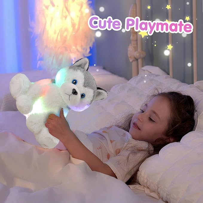 Houwsbaby 12'' Gray Light up Husky Stuffed Animal Dog Floppy LED Plush Toy Puppy Night Lights Glow Pillow Birthday Festival for Kids Toddler Girls
