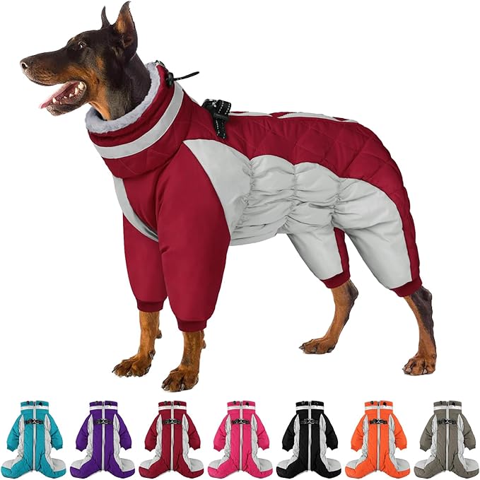 SUNFURA Full Body Dog Coat - Warm Fleece Jacket for Medium Dogs, Turtleneck Winter Coats with Harness, Reflective Dog Snowsuit Windproof Puffer Jackets with Legs for Boston Terrier, Burgundy M