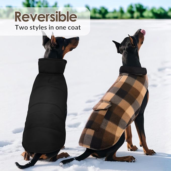 ASENKU Dog Winter Jacket Plaid Reversible Vest, Waterproof Dog Coat for Cold Weather, Perfect for Small to Large Dogs (Coffee, L)