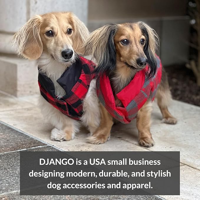DJANGO Reversible Puffer Dog Coat – Warm Winter Dog Jacket & Water-Repellent Insulated Dog Coat with Harness Hole, Windproof, Adjustable Fit for Small & Medium Dogs, Dachshunds – Lava Red, Small