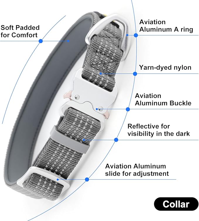 Plutus Pet Reflective Dog Collar with Aviation Aluminum Buckle, Neoprene Padded for Comfort, Lightweight, Heavy Duty Nylon Collar for Puppy Small Medium Large Dogs (Gray, M)