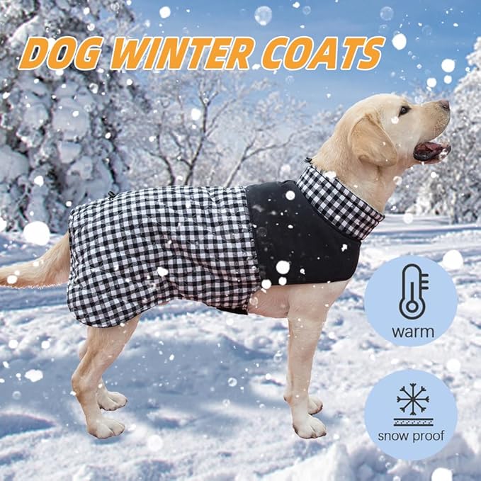 Dog Jackets for Winter, Reversible Dog Coat Windproof Waterproof Jackets for Cold Weather, British Style Plaid Coats Warm Vest for Small Medium Large Dogs (Black, 6XL)