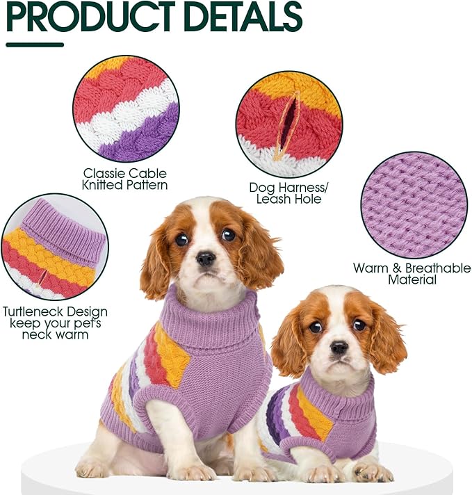 Kuoser Dog Sweater, Large Sweaters for Dog Girls Boys Christmas Thanksgiving Outfit, Thick Fall Winter Cable Knitwear, Pet Sweatshirt Warm Clothes Turtleneck Pullover, Purple L