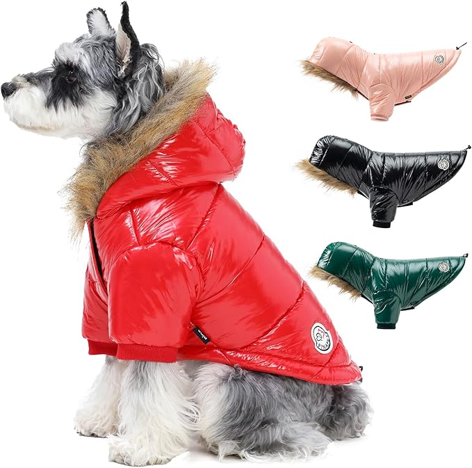 PINA Dog Winter Coat with Faux Fur Hood, Windproof and Warm, Suitable for Small to Large Dogs, Red, XXL