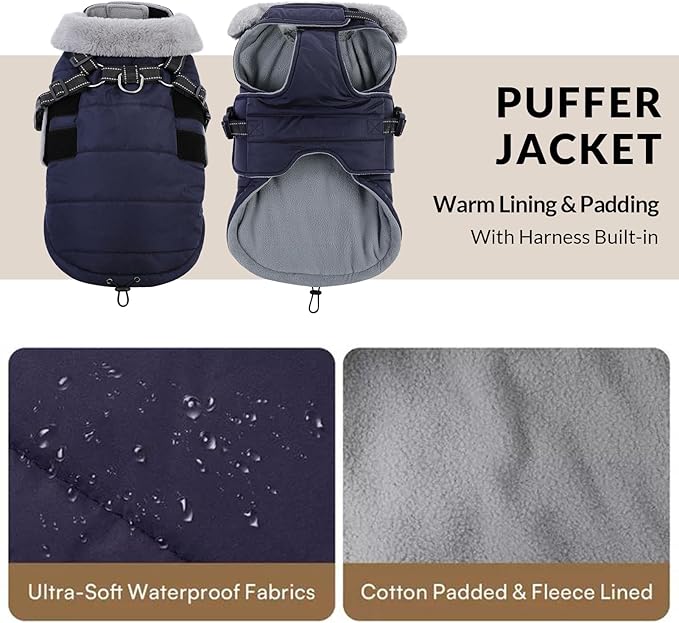 Queenmore Small Winter Dog Coat with Harness Built-in, Waterproof Winter Jackets for Small Dogs, Puppy Warm Puffer Jacket for Snow/Cold Weather - Fleece Reflective Easy On Velcro Closure, Navy S