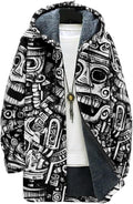 Mens Aztec Print Hoodie Heavyweight Cotton Fleece Jacket Zip Up Warm Long Sleeve Hooded Winter Midi Coat