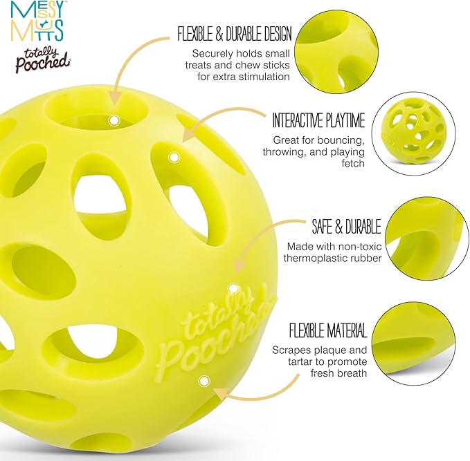 Messy Mutts Totally Pooched Huff'n Puff Ball | 2.5” TPR Puzzle Ball for Dogs | 2-in-1 Durable Interactive Toy and Tooth Cleaner | Green