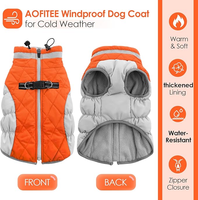 AOFITEE Dog Coat, Warm Dog Winter Coat, Reflective Cold Weather Dogs Puffer Jacket with Harness Built in, Waterproof Pet Fleece Vest Snowsuit for Small Medium Large Dogs, Orange L