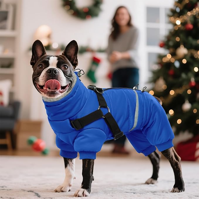 BRKURLEG Blue Dog Winter Coat, Cozy Winter Dog Jackets, Small Dogs Coat with Harness, Onesie Body Warm Puppy Christmas Jacket, Pet Reflective Cold Weather Jackets, Puppy Four-Legged Puffer Coats, M