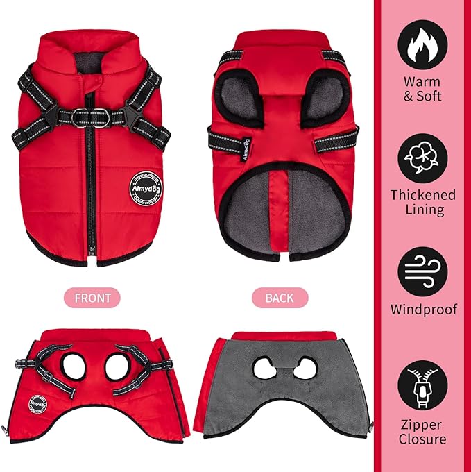 Warm Dog Winter Coat, Fashion Cold Weather Jacket with Built-in Harness, Reflective & Adjustable Comfortable Pet Vest, Waterproof Windproof Apparel for Small Medium Large Dogs(Red