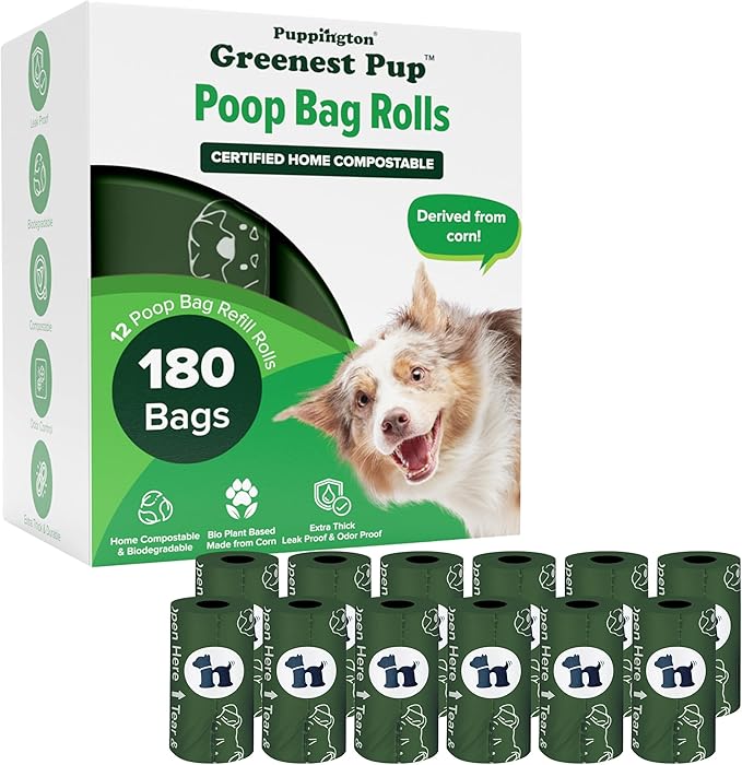 Puppington Certified Home Compostable Poop Bags - ASTM D6400 Compliant - 180 Extra Thick Bags - Plant Based - Pairs with Puppington 3-in-1 Bag & Fits all Standard Poop Bag Dispensers (Basil Green)