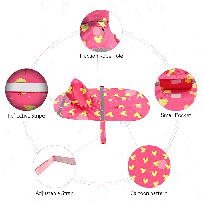 NACOCO Large Dog Raincoat Adjustable - Pet Rubber Ducks Yellow Water Proof Clothes Lightweight Rain Jacket Poncho Hoodies with Strip Reflective Pink (Pink XXXL, Yellow Duck)