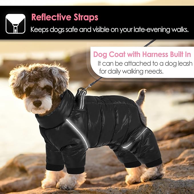 AOFITEE Dog Coat, Waterproof Dog Winter Jacket, Warm Fullbody Dogs Snowsuit, Winter Coat for Small Dogs, Zip Up Pet Puffer Jacket Fleece Vest, Outdoor Reflective Cold Weather Pet Coats, Black L