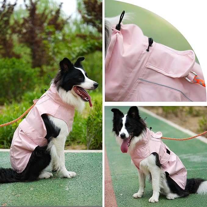 Waterproof Dog Raincoat with Reflective Strip, Adjustable Breathable Rain Coat Jacket with Leash Hole for Dogs (Pink, XX-Large)