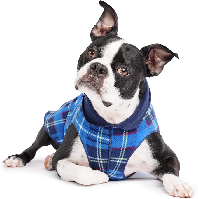 Goldpaw Duluth Double Fleece Dog Sweater Vest for Large Dogs - Soft, Stretchy Dog Fleece - Warm Pet Jacket for Fall and Winter - Premium Pet Outerwear - Machine Washable - Blue Plaid/Navy - Size 22