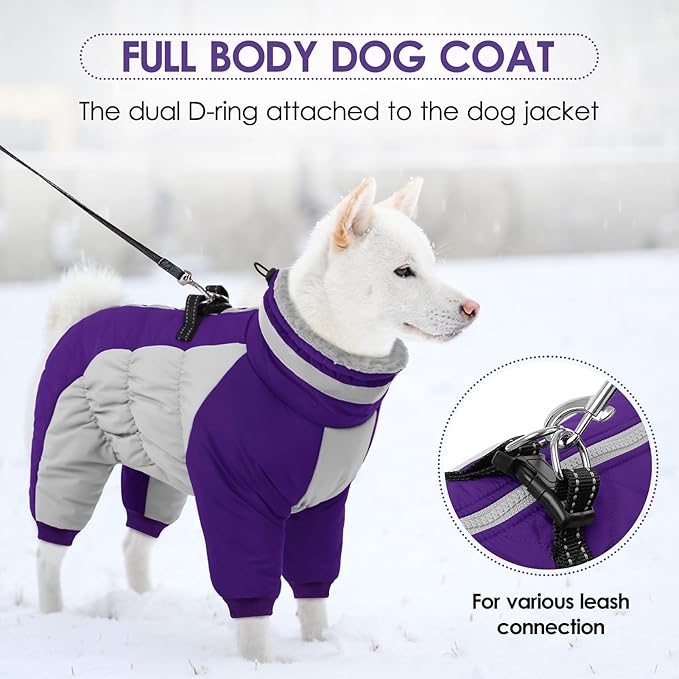 SUNFURA Full Body Dog Coat - Warm Fleece Jacket for Large Dogs, Turtleneck Winter Coats with Harness, Reflective Dog Snowsuit Windproof Puffer Jackets with Legs for Weimaraner, Purple XL
