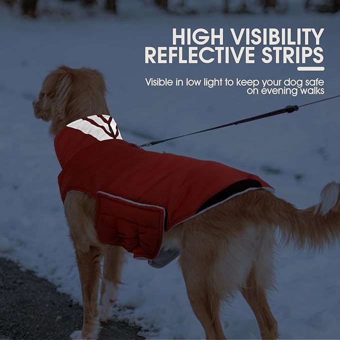 Kuoser Dog Coat Large, Cold Weather Reflective Waterproof Dogs Jacket with Warm Fleece Lining, Turtleneck Dog Winter Coat with Zipper, Doggy Snow Jacket Pet Coats for Small Medium Large Dogs, Red 2XL