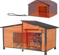 GUTINNEEN Extra Large 60" Heated Dog House Outdoor Insulated Dog Kennel with Safe Heated Pad, Chew-Proof Metal Frame and Rotating Food Bowl for Large Dog Breeds, 60" L x 36" W x35.4 H (Brown)