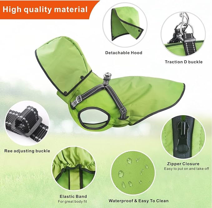 Mosucoirl Dog Raincoat Waterproof Dog Hoodie Reflective Dog Raincoat Hooded Adjustable Rain Jacket for Small Medium Large Dogs Puppies (Green, L)