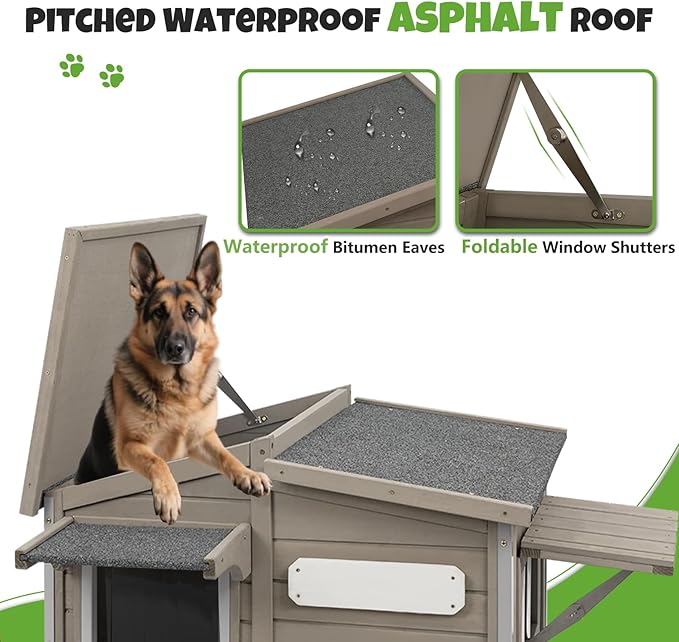 Large Outdoor Wooden Dog House, Weatherproof Dog Houses with Adjustable Vent Windows, Alloy Chew-Resistant Frame, Removable Floor for Medium & Large Dogs, (43.5" L x 29.5" W x 33.5" H)