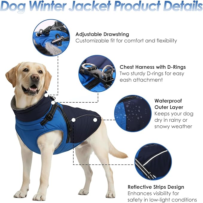 ASENKU Reflective Dog Coat with Built-in Harness, Windproof Fleece-Lined Dog Jacket for Small, Medium, Large Dogs, Warm Winter Vest with Turtleneck & Zipper (Navyblue L)