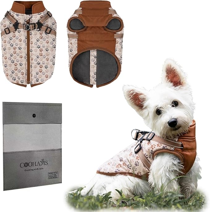 Dog Winter Coat for Small & Medium Dogs (Up to 32lb), Waterproof Dog Coat with Harness, Puppies Windproof Puppy Puffer Jacket, Snowsuit for Dachshund,Frenchie, Corgi (Paw Brown, Large)