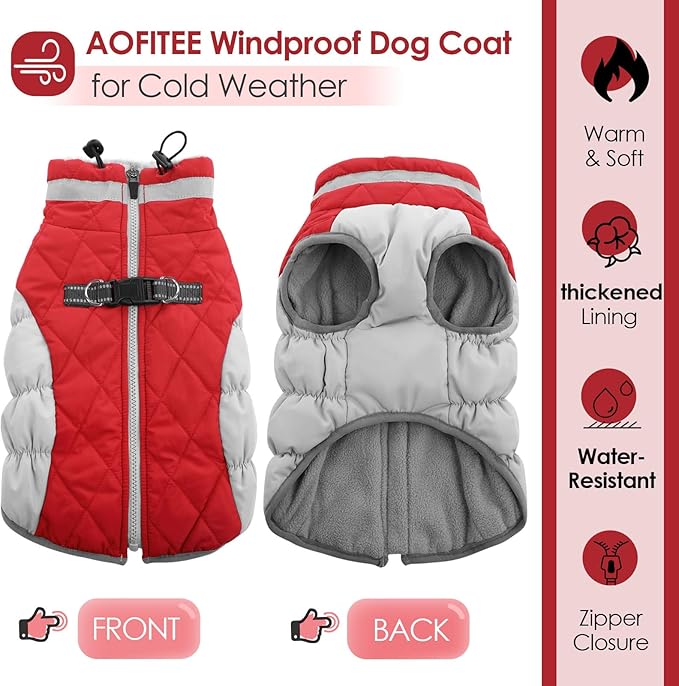 AOFITEE Dog Coat, Warm Dog Jackets for Small Dogs, Dogs Winter Coat with Harness Built in, Reflective Pet Winter Jacket, Waterproof Windproof Puppy Puffer Jacket Fleece Vest, Christmas Red XS