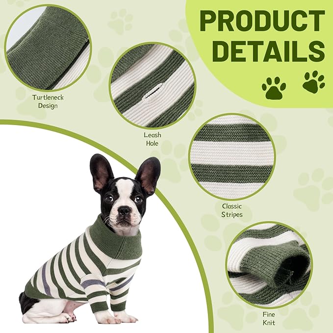 Small Dog Sweater, Knitted Striped Pullover Dog Clothes for Cold Weather, Thick Warm Cozy Stretchy Sweater for Chihuahua, Bulldog, Dachshund, Pug(Green & White Strip, M)