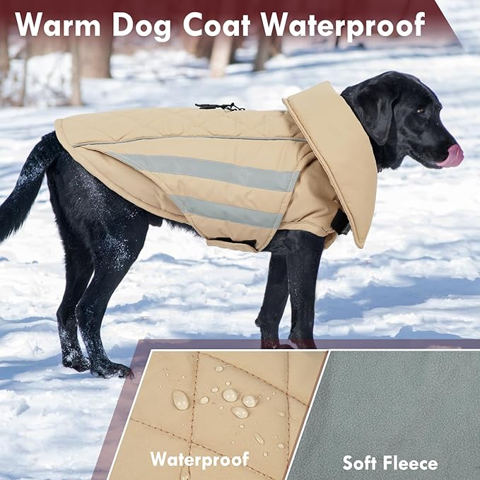 Winter Dog Coat Waterproof Reflective Dog Jacket for Extra Large Dogs with Harness Hook & Loop Turtleneck Fleece Snowsiut for Dogs Great Dane, Khaki 5XL