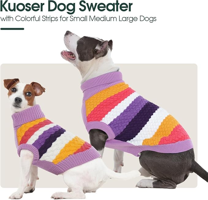 Kuoser Dog Sweater, Pet Cable Knitted Pullover Puppy Warm Clothes, Doggy Turtleneck Classic Knitwear Soft Thickening Doggie Outfit, Cold Weather Thermal Wear for Large Size Dogs, Purple 2XL