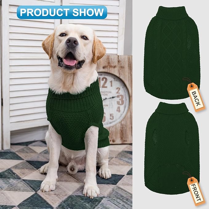 Mihachi Turtleneck Dog Sweater - Winter Coat Apparel Classic Cable Knit Clothes with Leash Hole for Cold Weather, Ideal Gift for Pet in New Year Army Green 3XL