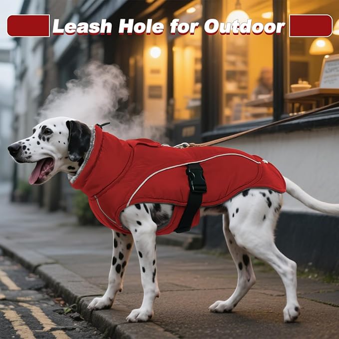 DENTRUN Dog Winter Coat - Windproof Reflective Jacket, Plush Turtleneck & Adjustable Belt, Water Repellent Fleece Lined Cold Weather Vest for Corgi Bulldog, Red, L
