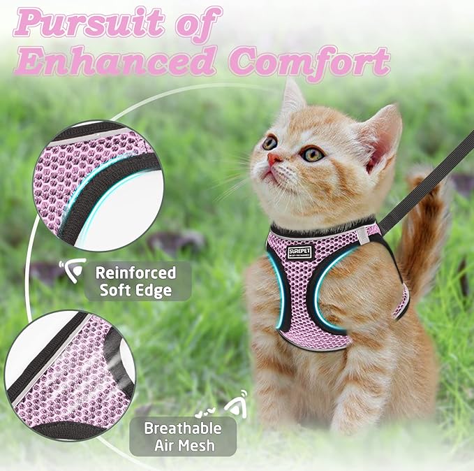 Cat Harness and Leash for Walking Escape Proof, Adjustable Kitten Vest Harness Reflective Soft Mesh Puppy Harness for Outdoor, Comfort Fit, Easy to Control (Lpink, M)