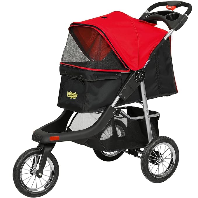 VIAGDO Premium Heavy Duty Dog Stroller for Small Medium Dogs & Cats, 3-Wheel Pet Stroller, Foldable Cat Strollers with Suspension System/Link Brake/One-Hand Fold, Max. Loading 55 LBS Black Red