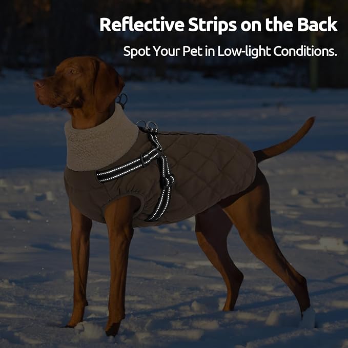 Queenmore Dog Coats for Large Dogs, Dog Jacket, Warm Fleece Winter DogCoat with Harness Built in, Back Zipper Pet Jacket for Large Breeds, Thick Fleece Lining Pet Snowsuit, Brown 2XL