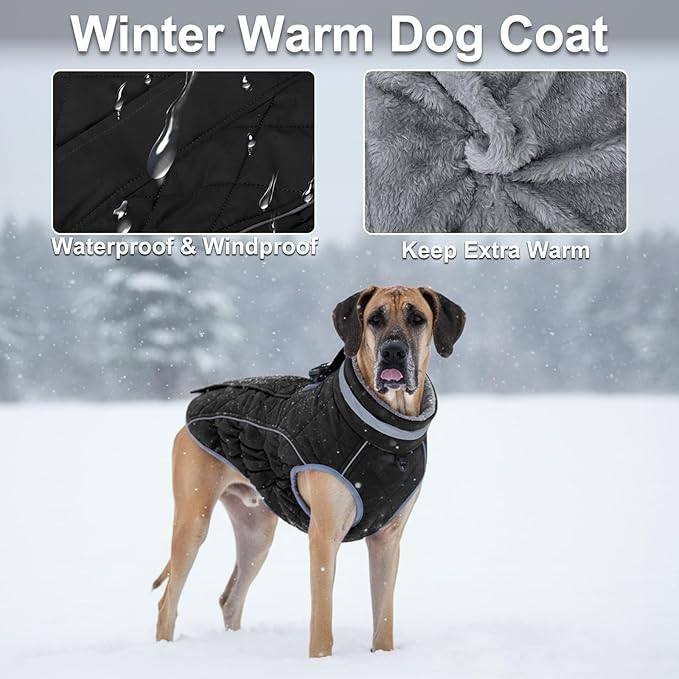 Dog Coat, Warm Dog Winter Coat for Large Dogs, Waterproof Jacket with Harness Built in, Reflective Turtleneck Cold Weather Coats with Zipper,Pet Fleece Vest Snow Jacket, Black XXL