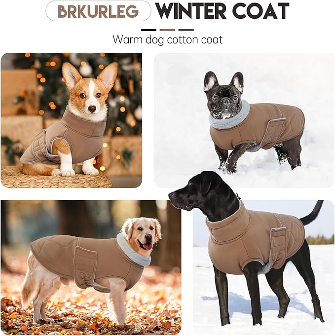 BRKURLEG Dog Winter Coat, Warm Dog Jackets for Small and Medium Large Dogs, Reflective Adjustable Pet Cold Weather Coats, Waterproof Windproof Dogs Snow Jacket Clothes Warm Vest (S, Khaki)
