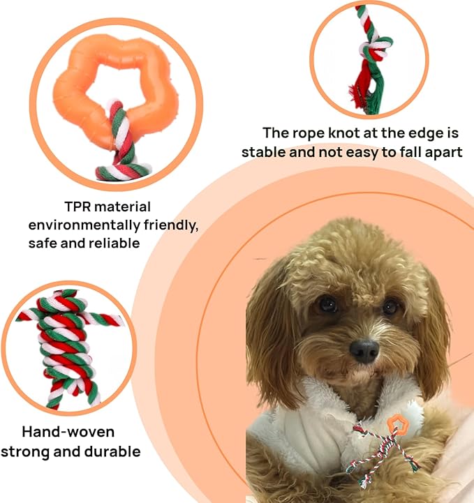 Christmas Puppy Teething Toy for Small & Medium Dogs (20–65lbs), TPR + Cotton Rope Chew Toy for Aggressive Chewers, Indoor & Outdoor Teeth Cleaning Toy for 2–12 Month Dog