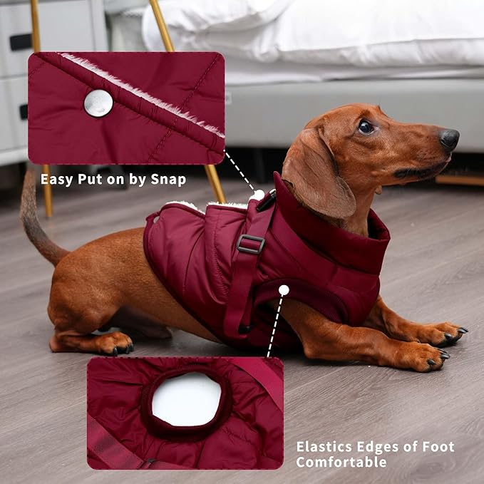 Dog Jacket with Harness,Fleece Lined Warm Puppy Coat for Winter,Soft Windproof Medium Dog Vest,Red XL