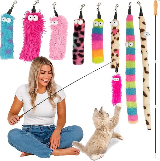 Cat Toys Set Cat Toy Wand Fishing Pole Retractable Teaser & Fuzzy Worm Interactive Kitten Toys Wand Attachments