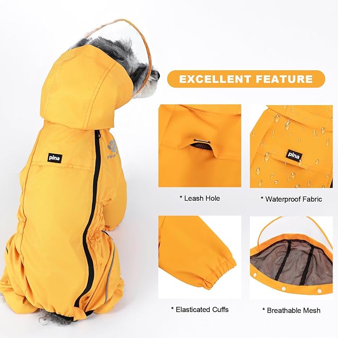 PINA Dog Raincoat, Waterproof Jacket with Hood and Pocket, Lightweight Dog Jacket with Leash Hole, Reflective Strap for Wet Weather, Full Wrap Design for Full Protection