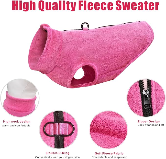 Idepet Dog Fleece Vest Sweater Zip Up Warm Pullover Dogs Jacket with D-Ring Leash Winter Cold Weater Coat Pet Sweatershirt Clothes Hoodie for Small Medium Dogs Boy Girl (Rose Red, L)