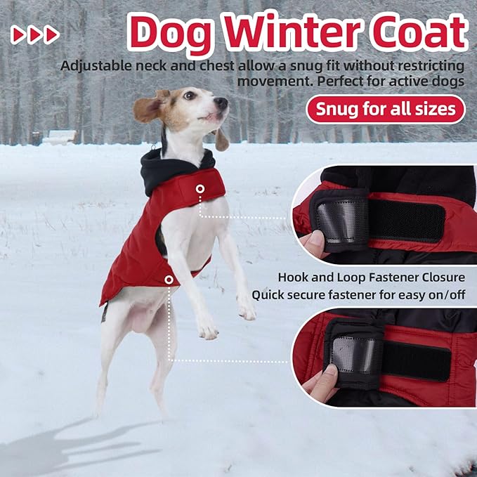 Nanaki Large Puffer Jacket for Dogs for Cold Weather-Warm Dog Winter Jacket with Leash Hole, Lightweight Windproof Puffer Vest with Hood for Outdoor Activities, Snowsuit Halloween Christmas, Red
