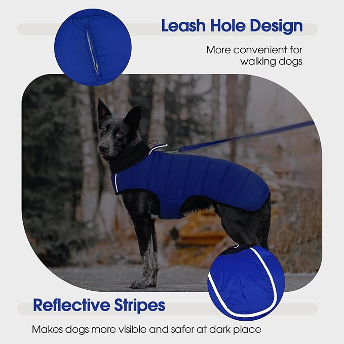 IDOMIK Dog Winter Coat, Warm Waterproof Dog Puffer Jacket with Harness Hole, Adjustable Reflective Snow Jacket Vest with Turtleneck, Pet Cold Weather Coats for Small Dogs,Blue,XS