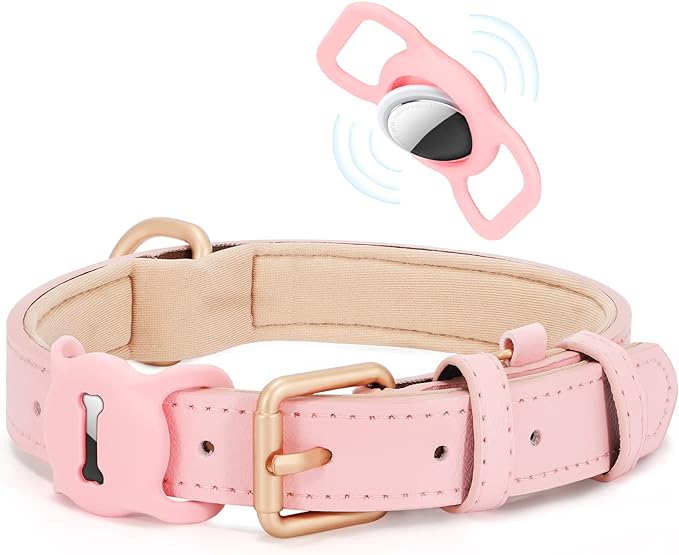 WHIPPY Airtag Leather Dog Collar GPS Tracker Air Tag Puppy Collar Adjustable Soft Leather Padded Dog Collar with Airtag Holder Case for Small Medium Large Dog Pet Backpack,Pink,L