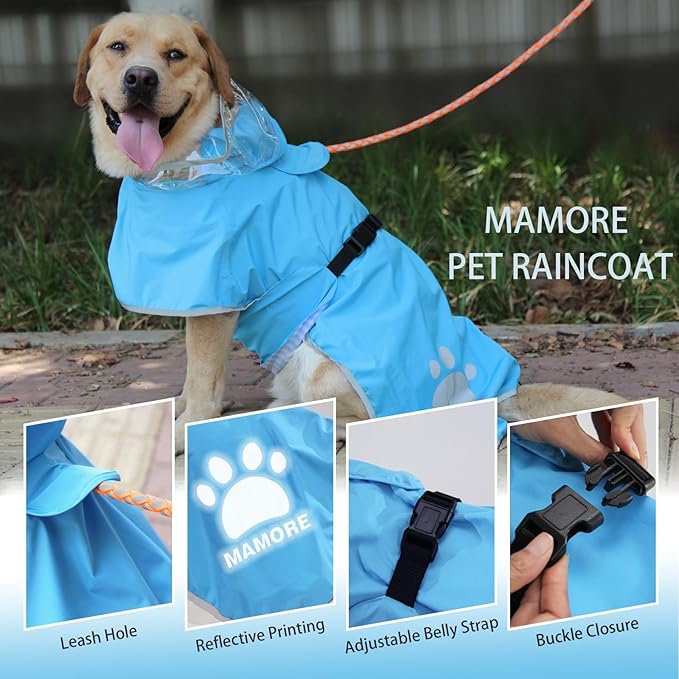 Waterproof Dog Raincoat, Reflective Adjustable Hooded Dog Rain Coat, Lightweight Breathable Pet Rain Jacket Poncho Double Layer with Leash Hole for Small Medium Large Dogs (Blue, X-Large)