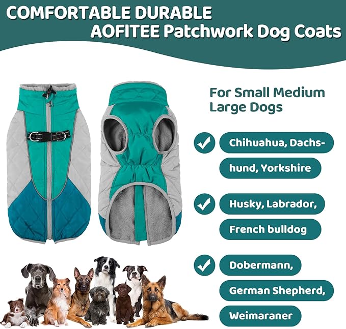 AOFITEE Dog Coat, Warm Dog Jacket, Reflective Dogs Winter Coat with Harness Built in and Fleece Lined, Waterproof Pet Winter Jacket Snowsuit for Small Medium Large Dogs, Green L