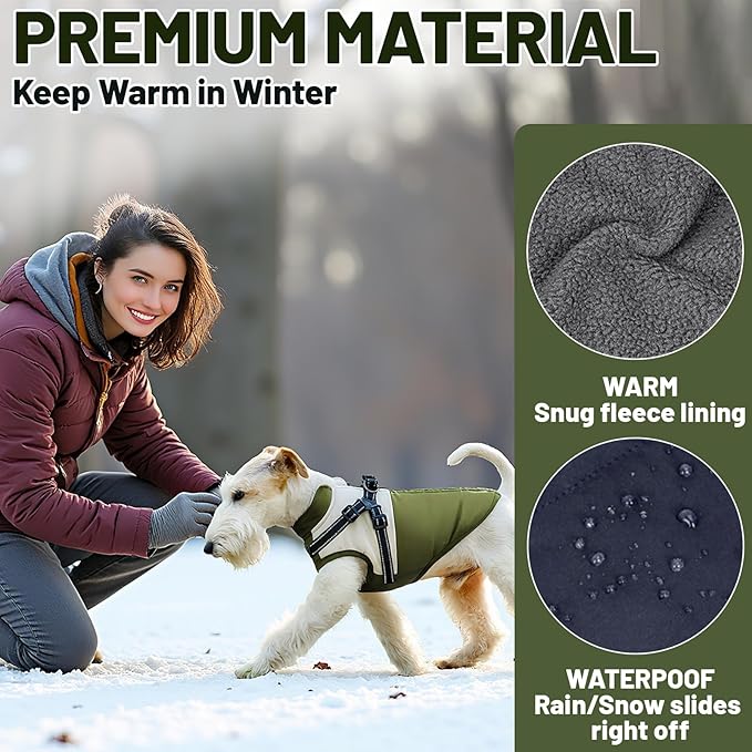 Dog Winter Coat for Small & Medium Dogs (Up to 31lb), Waterproof Dog Coat with Harness, Puppies Windproof Puppy Puffer Jacket, Snowsuit for Dachshund,Frenchie, Corgi (Classic Green, Medium)
